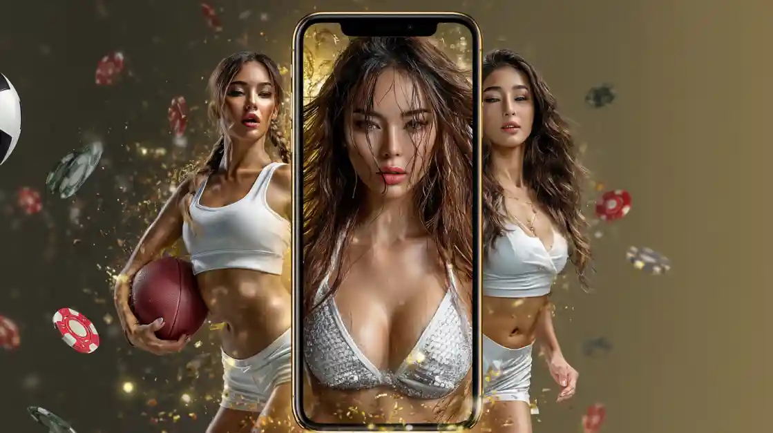 Three athletic women in white sportswear with smartphones surrounded by floating 88FB casino chips