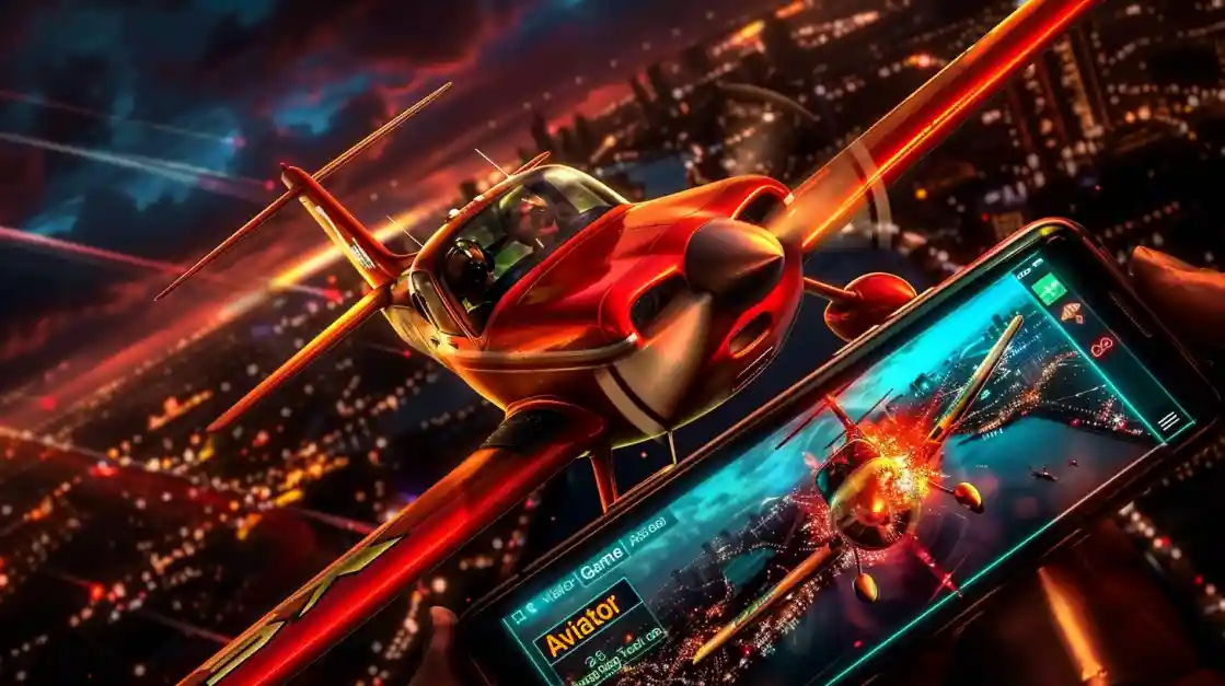 Sleek red aircraft soaring over illuminated city skyline with mobile phone showing Aviator game interface at 88FB