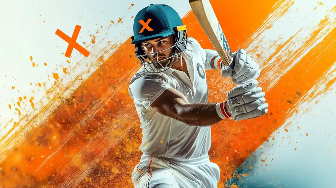 Professional cricket player in batting stance with helmet and protective gear against dynamic orange paint splash background for 88FB sports betting