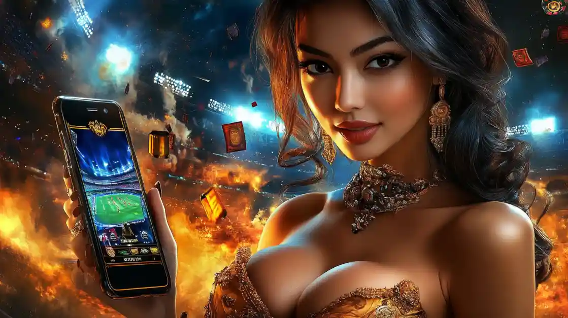 Elegant woman in golden jewelry holding smartphone displaying 88FB mobile casino interface with gaming options and floating casino elements