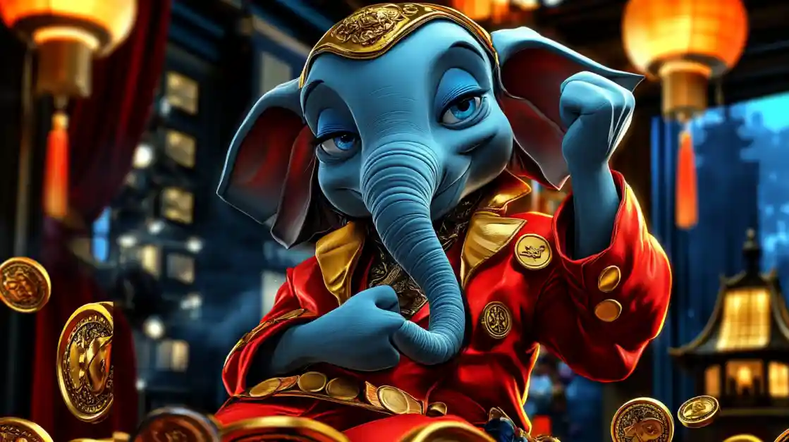 Blue elephant character in traditional red and gold Asian costume with floating coins in festive casino setting at 88FB