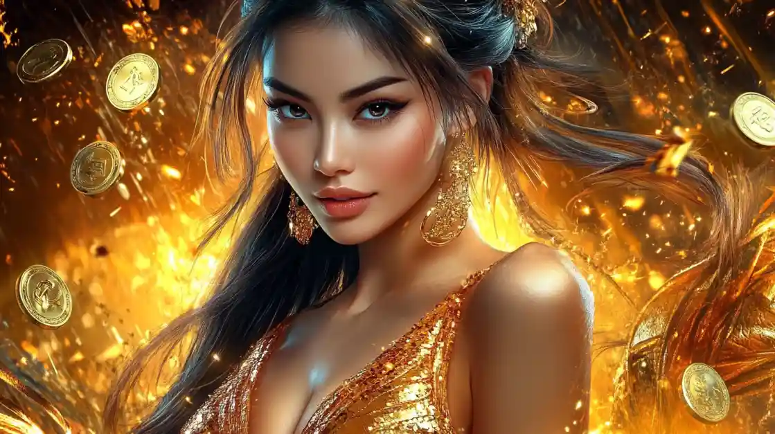 Glamorous woman with golden earrings surrounded by floating 88FB golden coins in warm casino lighting