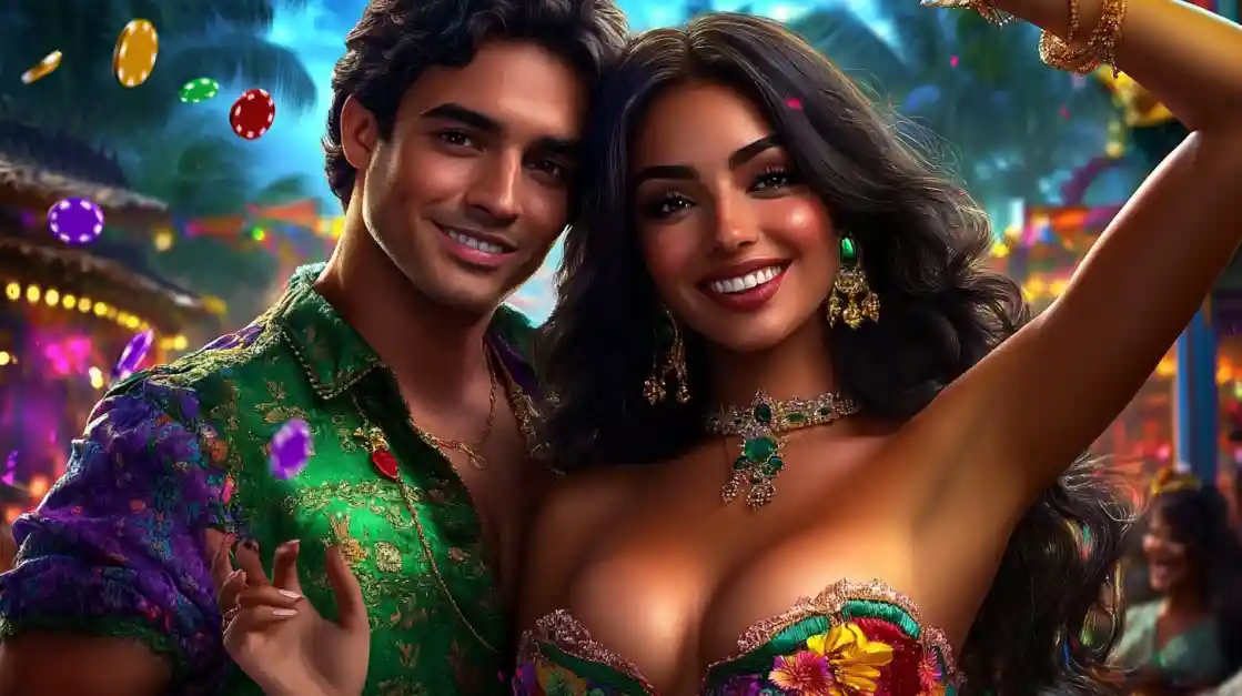 Joyful couple taking selfie in colorful party atmosphere with floating 88FB casino chips and confetti