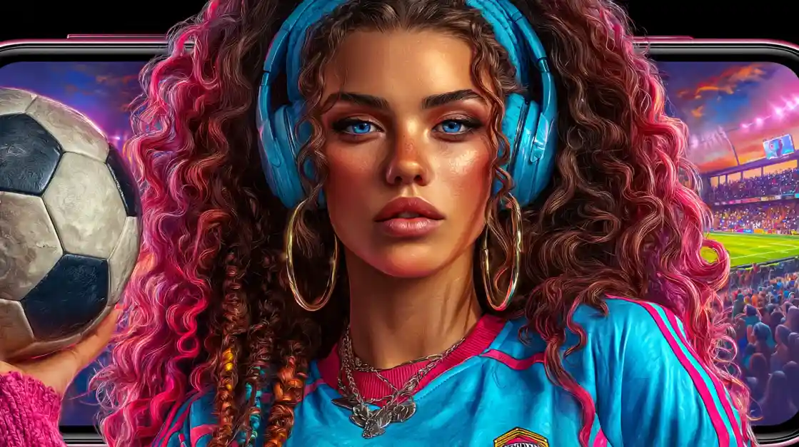 Young woman with colorful curly hair wearing blue headphones holding soccer ball in stadium setting