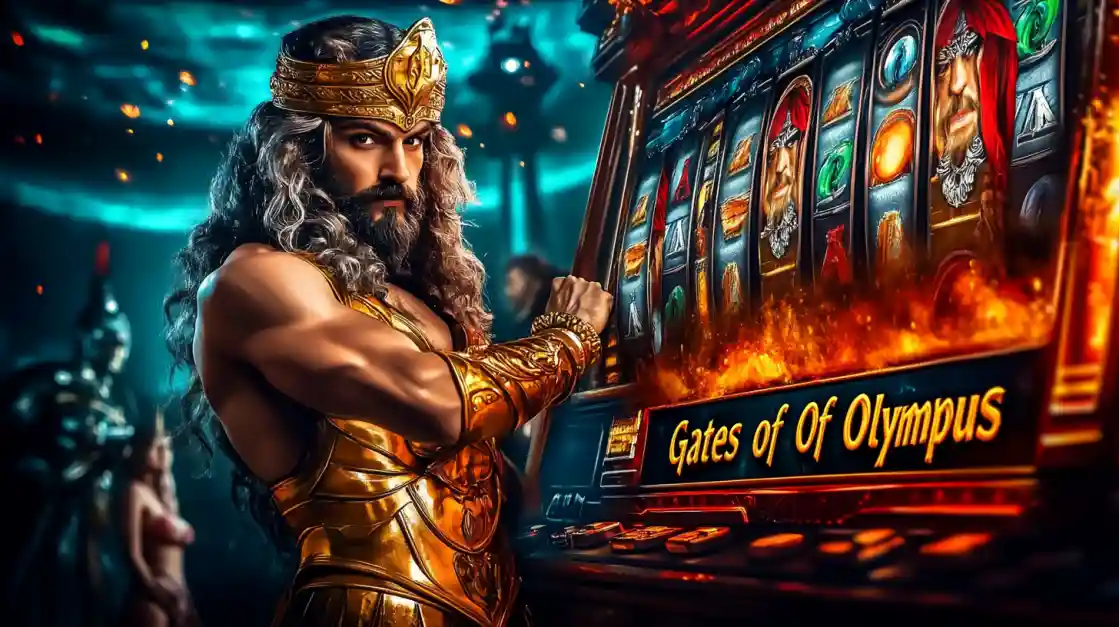 Gates of Olympus slot featuring muscular Zeus character with golden armor next to ancient Greek-themed slot machine at 88FB