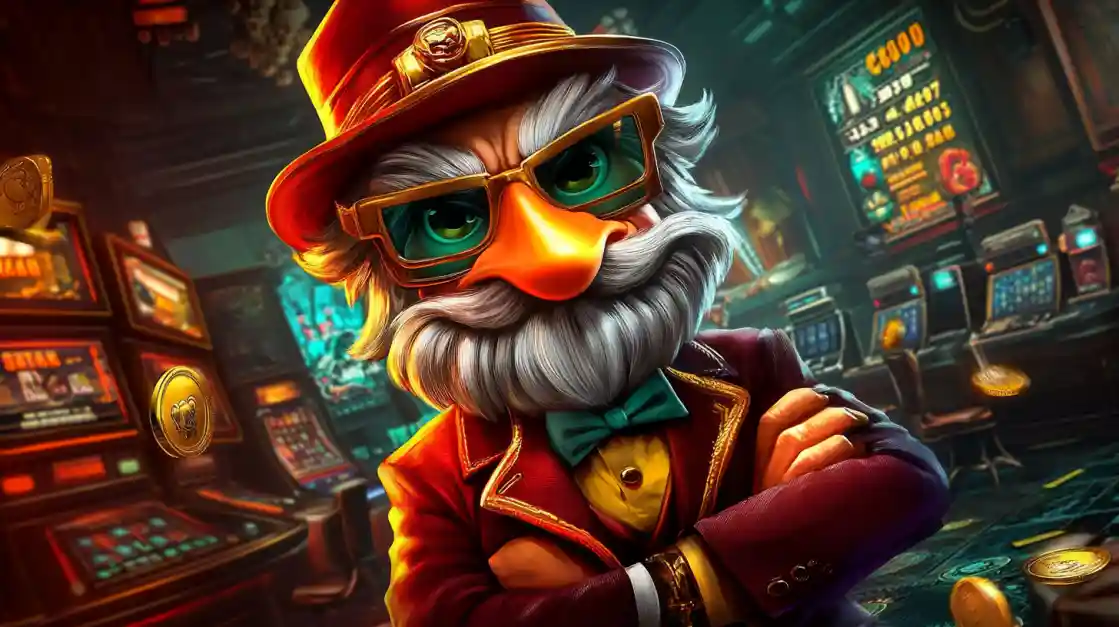 Distinguished elderly gentleman with white mustache, glasses and red hat surrounded by vintage slot machines at 88FB casino