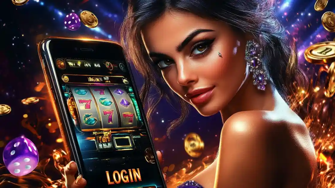 Beautiful woman with purple earrings holding smartphone showing 88FB slot game with 777 symbols and cosmic background