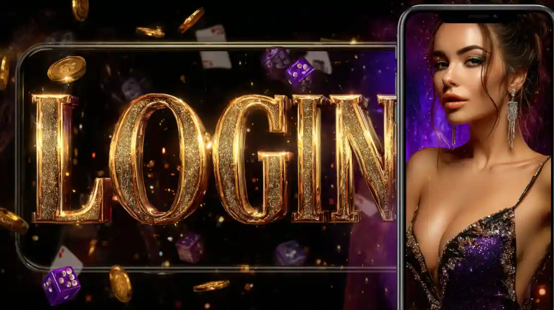 Sophisticated woman in sparkly dress holding smartphone displaying 88FB LOGIN with purple dice floating