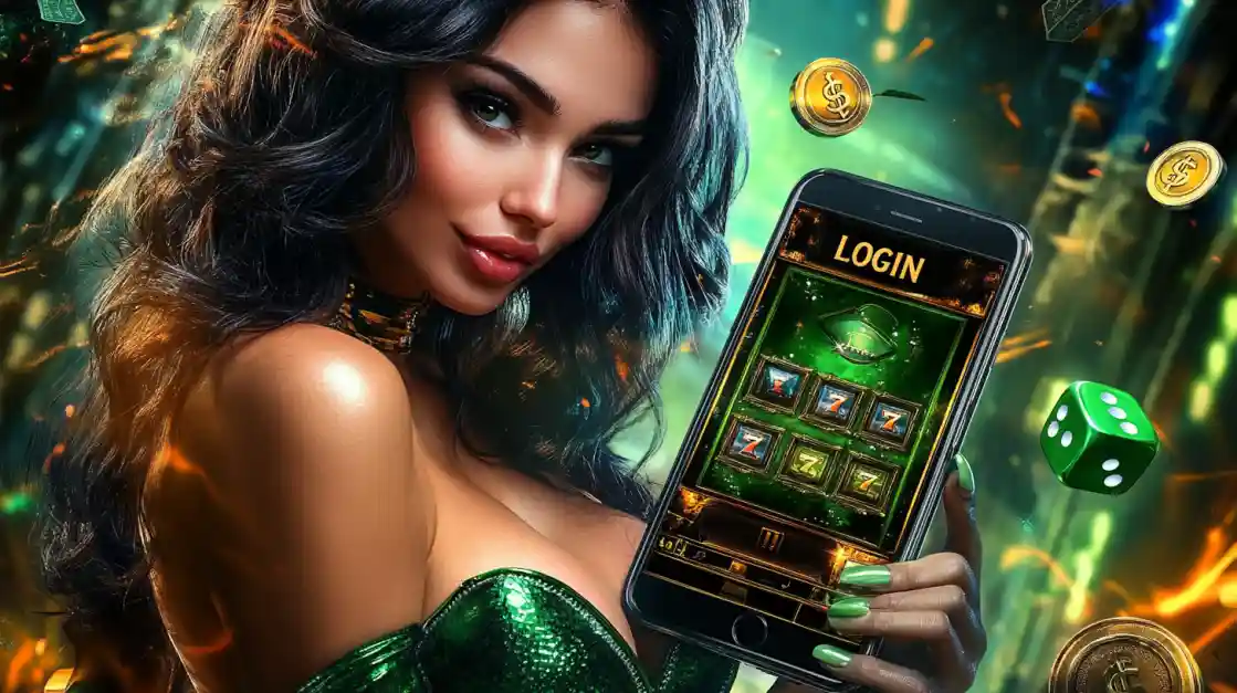 Stunning woman in green dress holding smartphone with 88FB LOGIN interface surrounded by golden coins