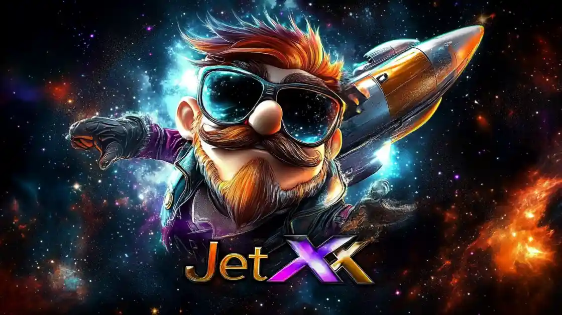 JetX crash game featuring aviator character with sunglasses and mustache in cosmic space setting with rocket at 88FB